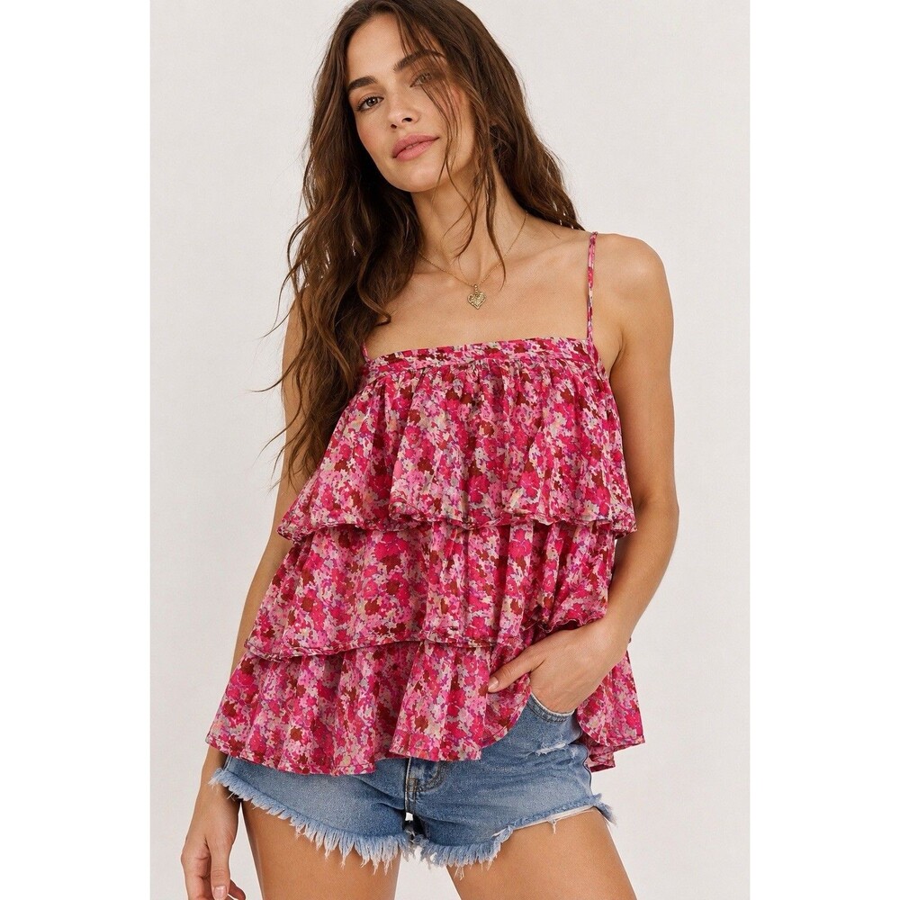 Free People FP One Pink Floral Tiered Ruffle Cami Tank Top 100% Cotton